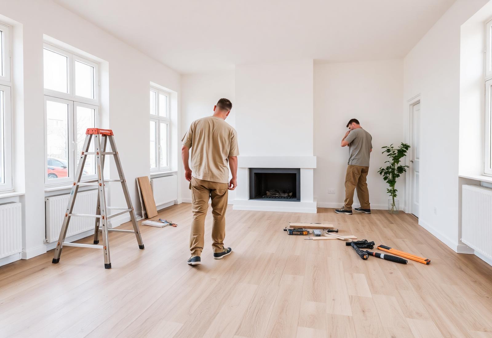 Vakmensen van Campelo Bouw & Renovatie aan het werk in een gerenoveerde woonkamer